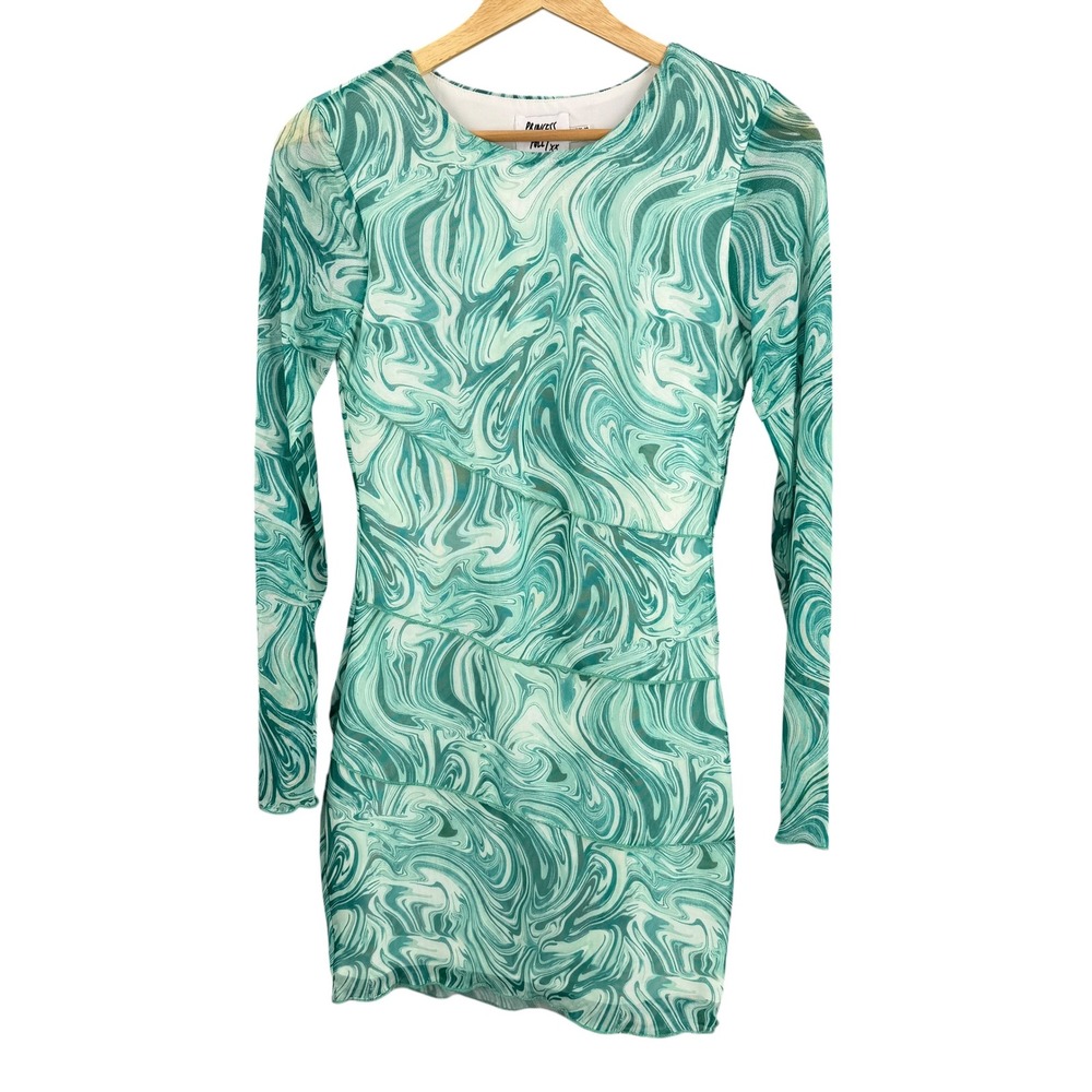 Princess Polly Mesh Mini Dress Size 6 Green Marble Print Long Sleeve
